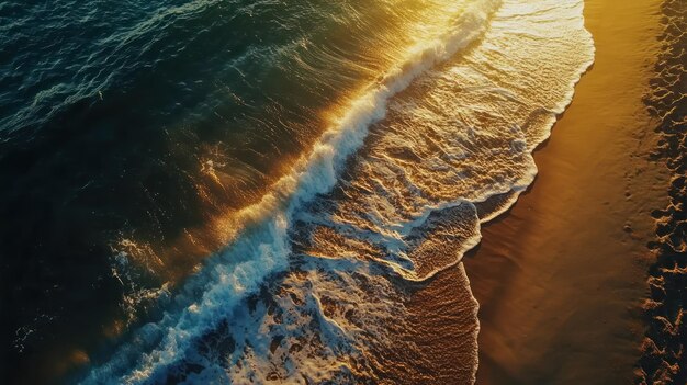 PSD aerial view of waves lapping the sandy shore