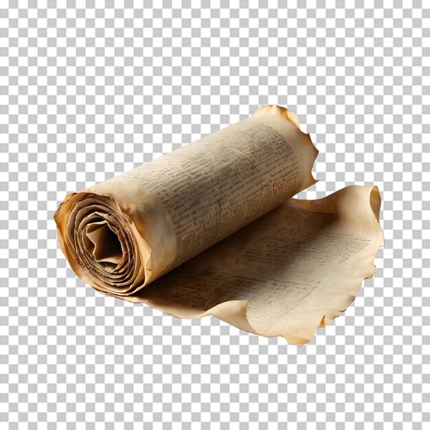 PSD aged parchment scroll with ancient text on transparent background