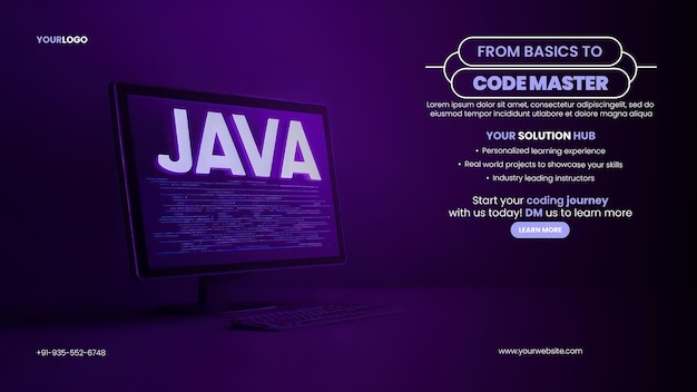 PSD ai coding tech coding banner template with purple screen displaying the word java with code