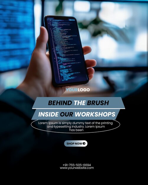 PSD ai coding web development poster template with person holding a phone with screen displaying computer code