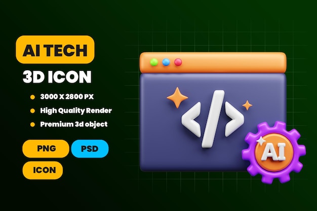 PSD ai tech 3d icon coding and artificial intelligence illustration