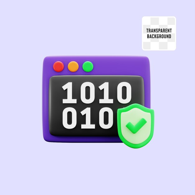 PSD application software program with binary number on screen for virus operating system attack cyber internet security 3d icon illustration render design