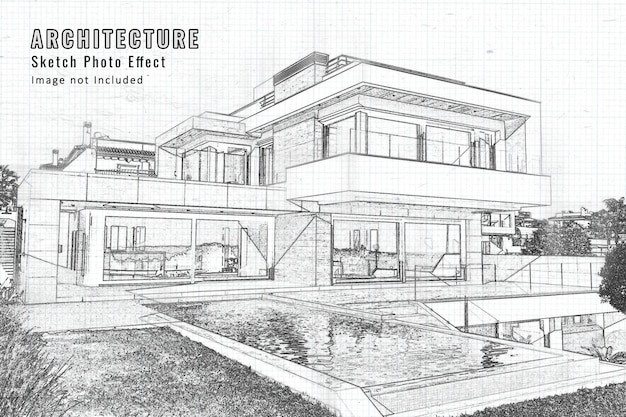 PSD architecture blueprint sketch photo effect mockup