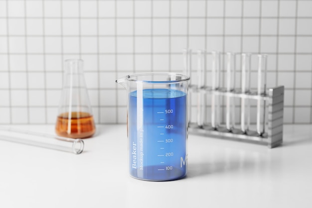 PSD beaker with liquid mockups set with a laboratory backdrop