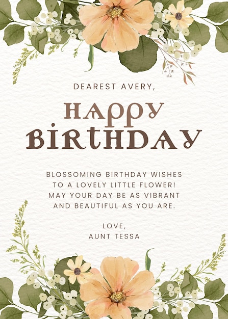 PSD beige green elegant illustrative watercolor leaves birthday card 1