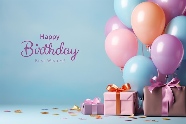 PSD birthday background with balloons and gifts