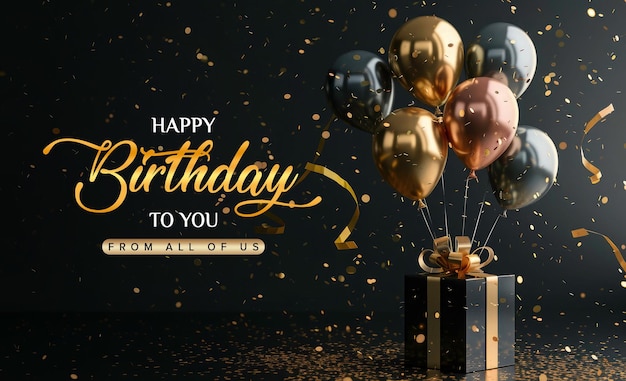 PSD birthday black theme template with gift box and balloons