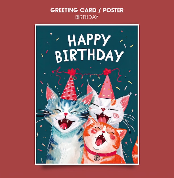 PSD birthday card with funny smiling cats in birthday hats and text happy birthday