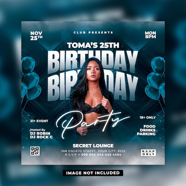 PSD birthday party flyer with a woman on the cover social media post
