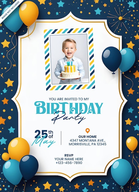 PSD birthday party invitation card background with empty copy space for text and photo