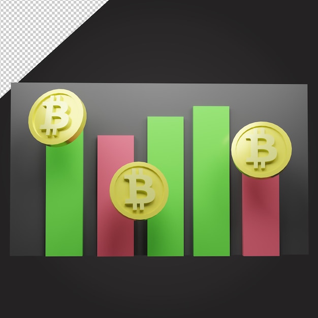 PSD bitcoin with graph raise and down 3d rendering