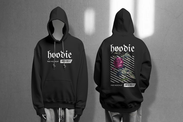 PSD black hoodie mockup with gothic text and rose graphic