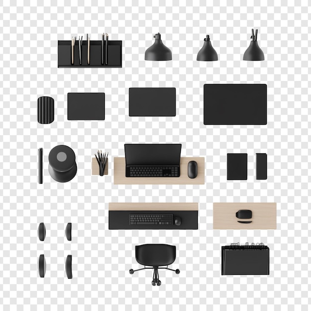 PSD black office desk accessories mockup