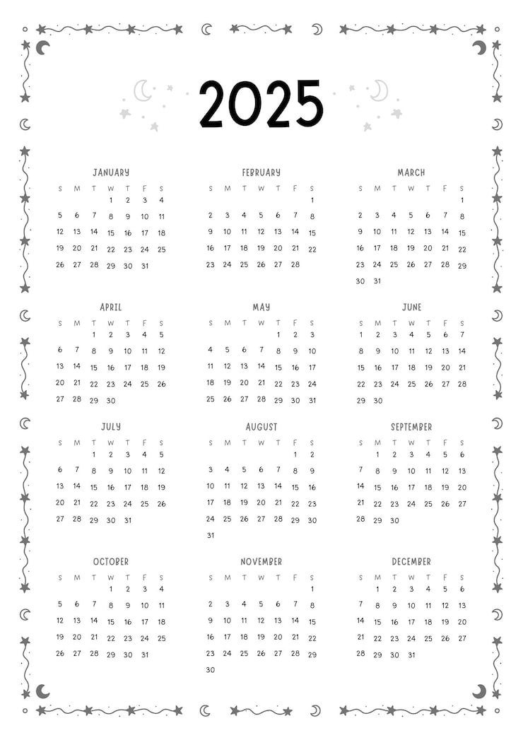 PSD black white minimalist stars doodle 2025 year calendar printable planner sundaystart