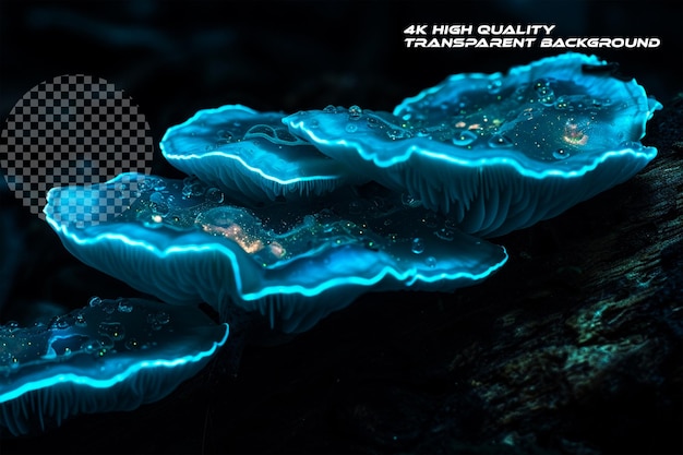 PSD blue mushroom on tree bark on transparent background