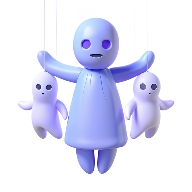 PSD a blue robot with three white mice hanging from a string