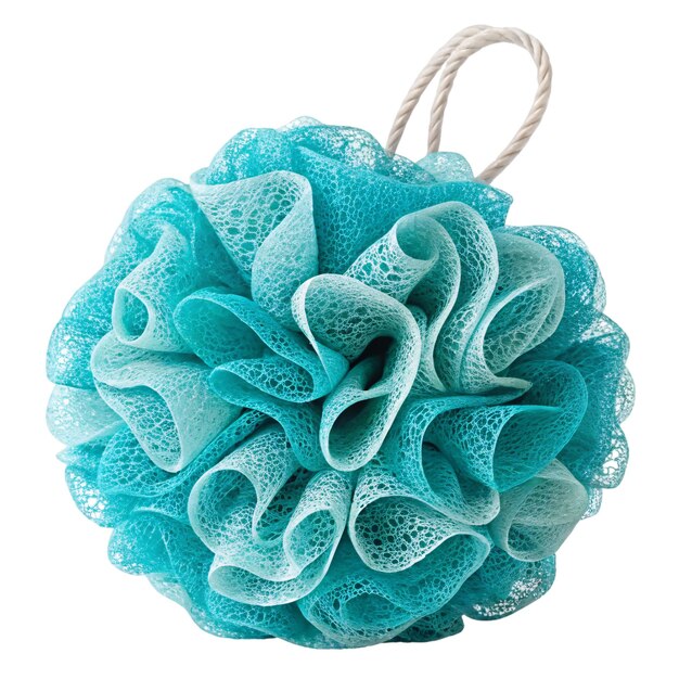 blue and teal bath sponge with rope handle