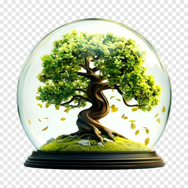 PSD bonsai tree in a glass globe for design element on transparent background