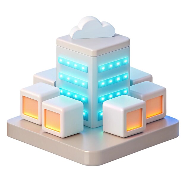 PSD a building with a blue light on it and the word cloud on the top