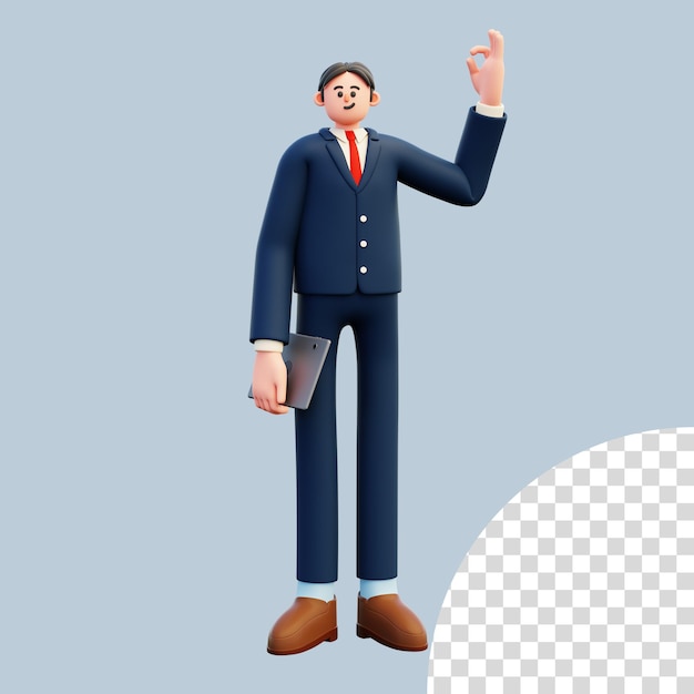 PSD businessman holding tablet ok gesture