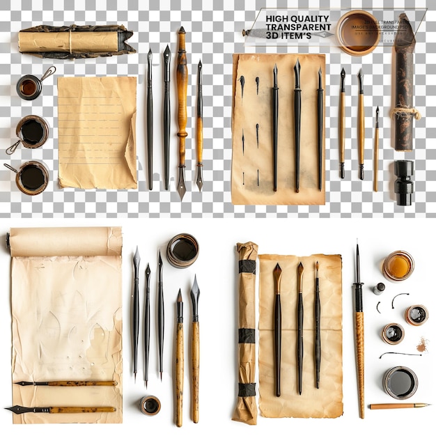 PSD calligraphy set a set of tools for practicing calligraphy on transparent background