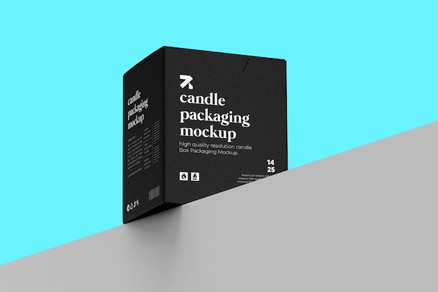 PSD candle box packaging mockup on cyan and grey surface