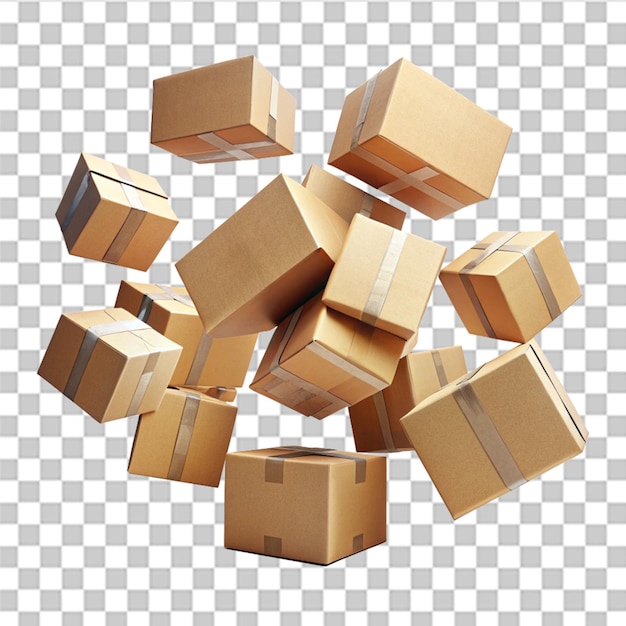PSD cardboxes flying and floating isolated on transparent background