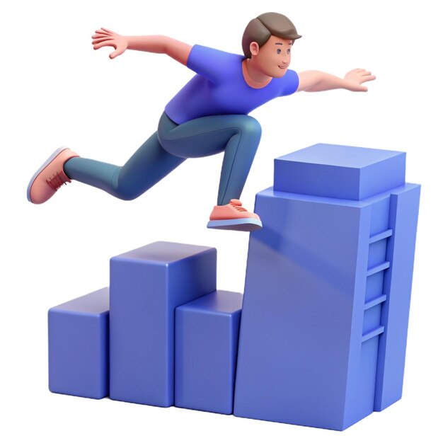 PSD a cartoon man jumps over a stack of blue cubes