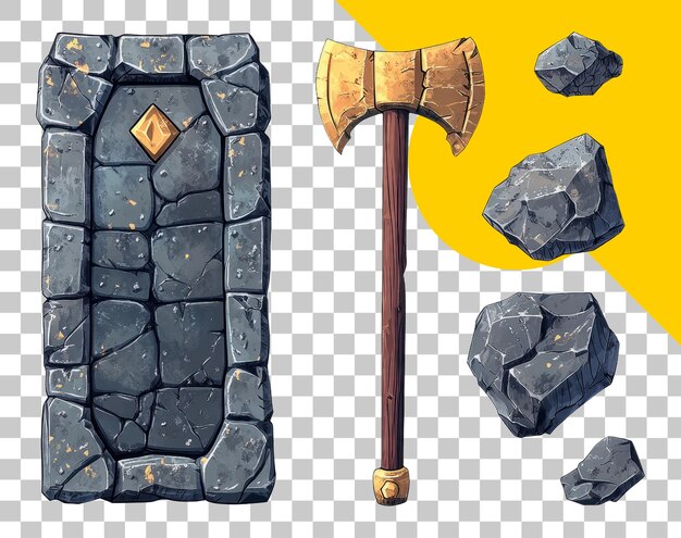 PSD cartoon stone wall and axe with rocks