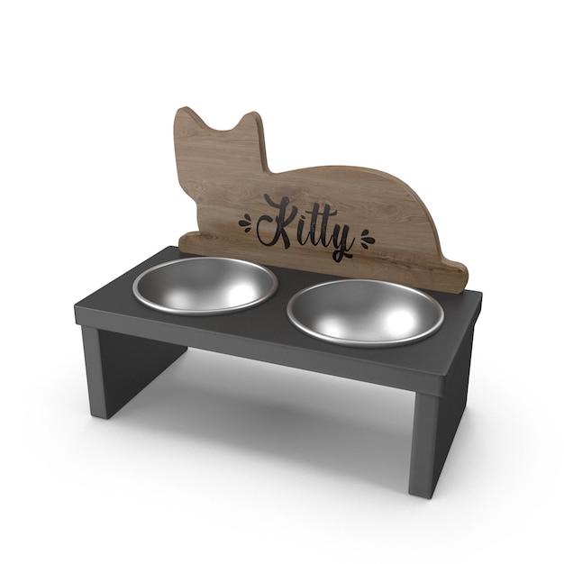 PSD a cat and two bowls are on a table
