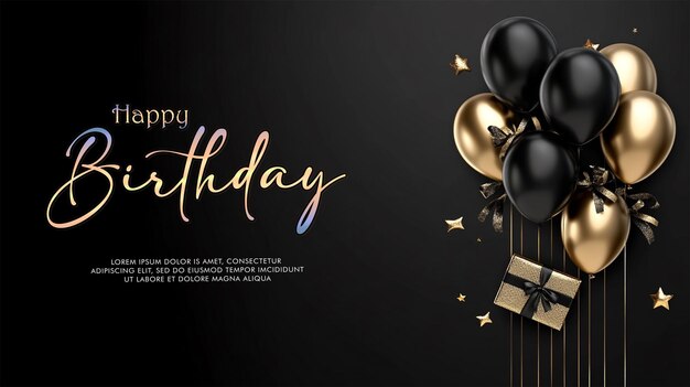PSD celebration background with black gold balloons gifts and confetti