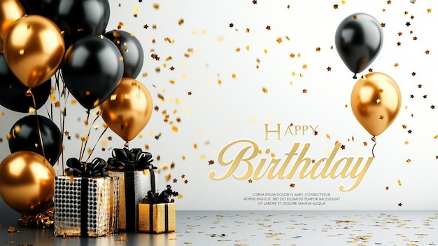 PSD celebration background with black gold balloons gifts and confetti