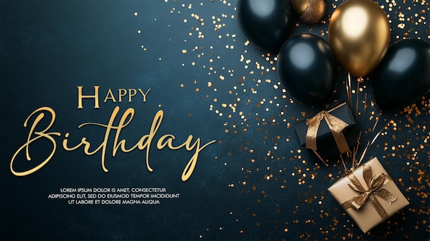 PSD celebration background with black gold balloons gifts and confetti
