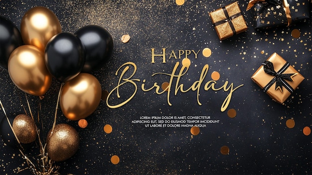 PSD celebration background with black gold balloons gifts and confetti