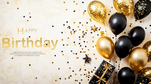 PSD celebration background with black gold balloons gifts and confetti