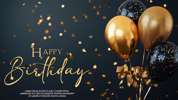 PSD celebration background with black gold balloons gifts and confetti