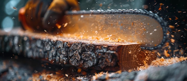 PSD chainsaw cutting through a log closeup