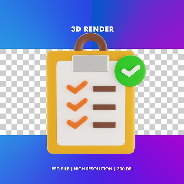 PSD checklist clipboard illustration 3d render isolated
