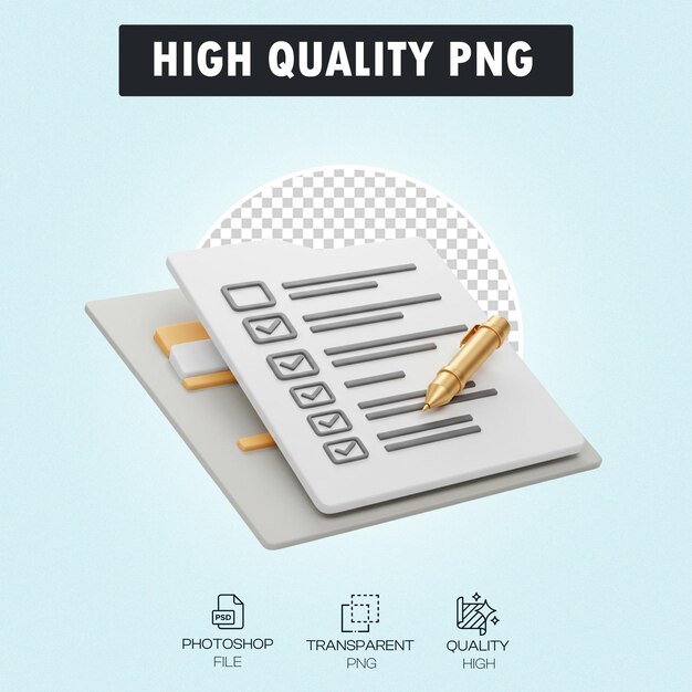 PSD checklist with pen - 3d render
