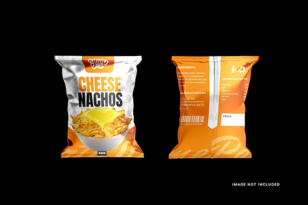 PSD cheese nachos bag packaging mockup - front and back view