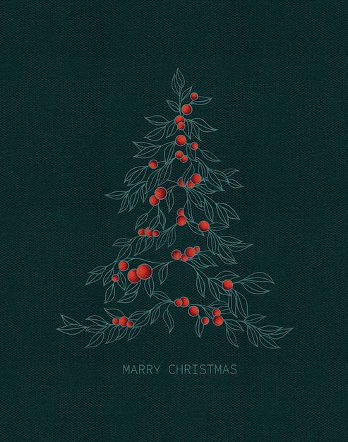 PSD christmas card design tree made of printed branches with red berries on a dark green background