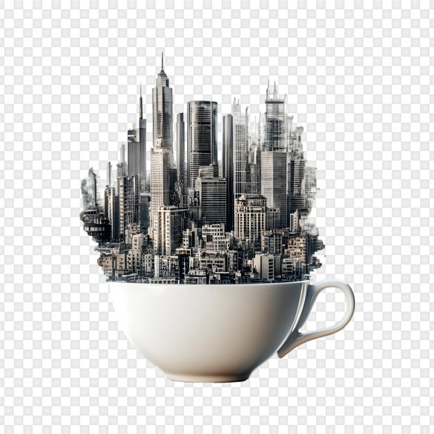PSD cityscape rising from a coffee cup