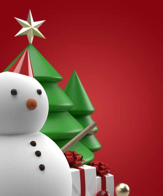 PSD close up christmas snowman with tree and gift 3d rendering