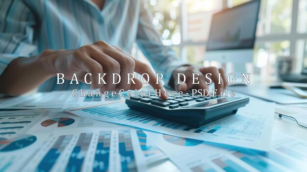 PSD closeup of hands using a calculator for business analysis