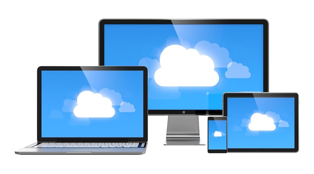 PSD cloud computing concept on different electronic devices isolated on transparent background