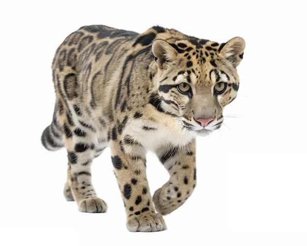 PSD a clouded leopard walking on a solid white empty space towards the camera isolated on a transparent background