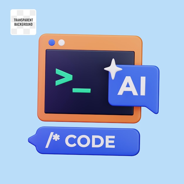 PSD code editor screen window app with ai chatbot copilot coding assistant 3d render icon illustration design