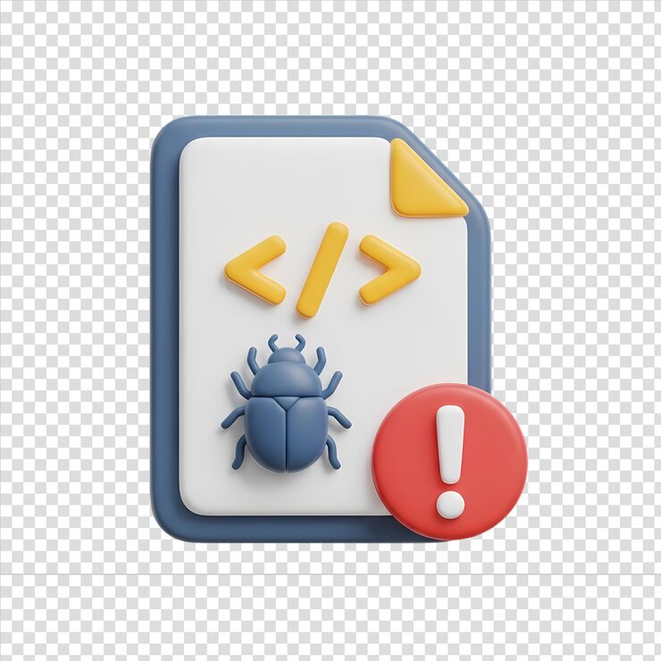 Code file with a bug symbol for debugging a 3D rendered programming error icon