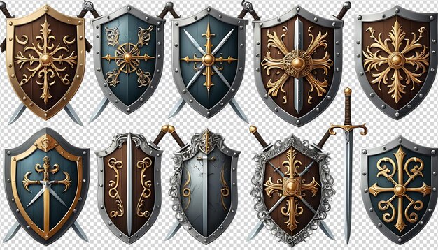 PSD collection of ornate medieval shields and swords