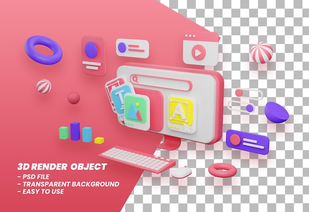 PSD computer display of data processing and development with 3d rendering elements premium psd